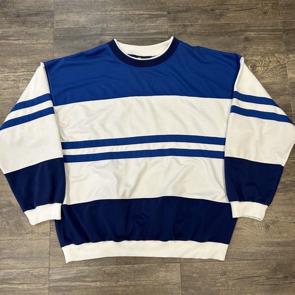 Vintage Steeplechase Blue‎ Striped Double Neck Crewneck Sweatshirt Men Size XXL - Picture 2 of 8